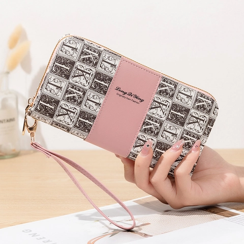 Portafoglio Lungo da Donna Moda in Pelle PU con Monogramma a Lettere Pochette Grande Capacità con Cinturino da Polso
