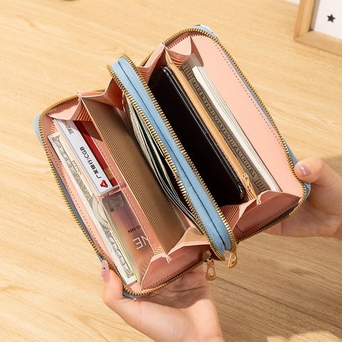 Portafoglio Lungo da Donna Doppia Cerniera Splicing Argyle Pelle PU Grande Capacità Borsa per Telefono Pochette Moda Quotidiana