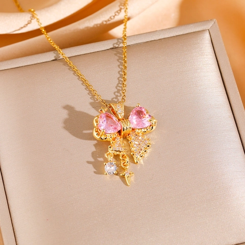 Bowknot Necklace And Earrings Jewelry Titanium Steel Pink Heart Zircon Fringe Star Tassel Elegant Women Gift