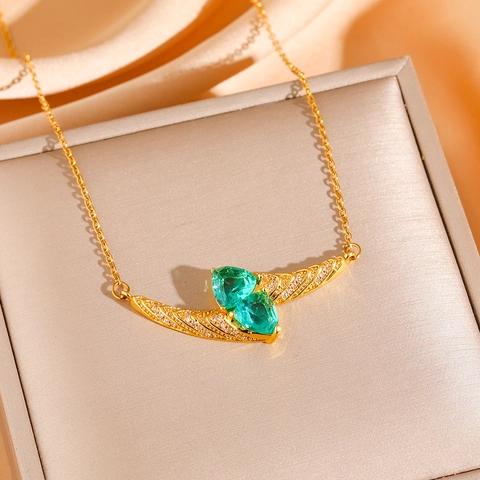 Vintage Luxury Jewelry For Women Stainless Steel Green Zircon Triangle Pear Stone Necklace And Earrings And Ring