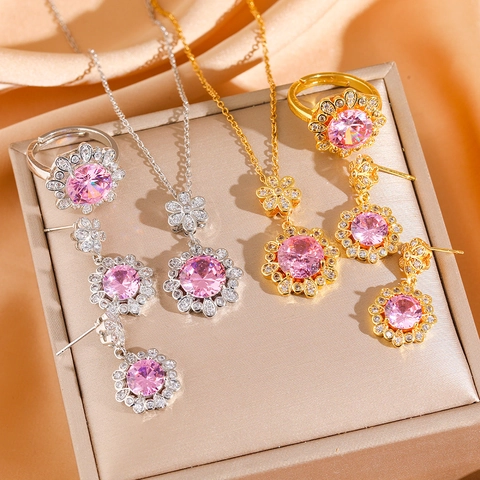 Pink Zirkon Blume Halskette Ohrringe Und Ring Titanstahl Elegant Süß Funkelnd Schmuck Für Frauen Zubehör