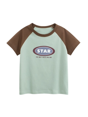 Boys Raglan Short Sleeve Cotton T-Shirt Contrast Star Letter Print Summer Casual Kids Top Breathable Round Neck Cotton Tee