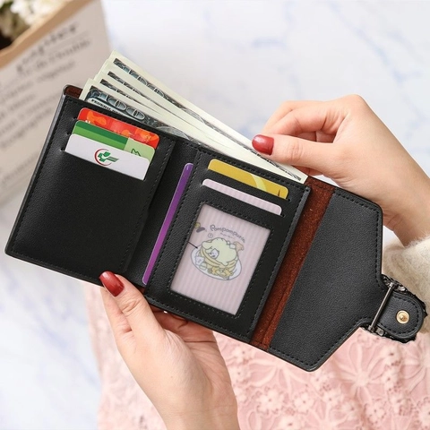 Women Short Tri-fold Wallet PU Leather Litchi Pattern Multi Card Slot Snap Closure Cute Student Coin Purse Simple