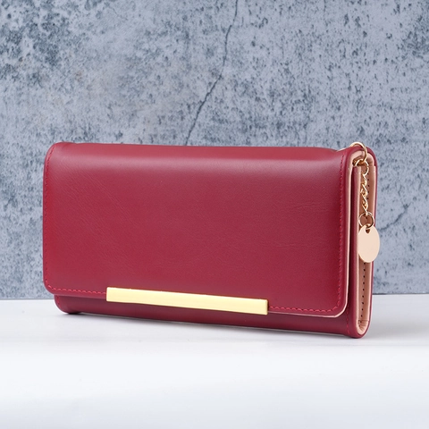 Semplice Portafoglio Lungo da Donna in Pelle PU Pochette Versatile Bifold Con Decorazione in Metallo Slot per Carte e Tasca per Telefono