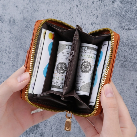 Portefeuille Court Cuir PU Rétro Multi Emplacements Cartes Fermeture Éclair Bouton Pression Unisexe Minimaliste