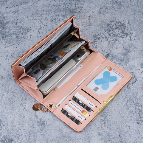Semplice Portafoglio Lungo da Donna in Pelle PU Pochette Versatile Bifold Con Decorazione in Metallo Slot per Carte e Tasca per Telefono