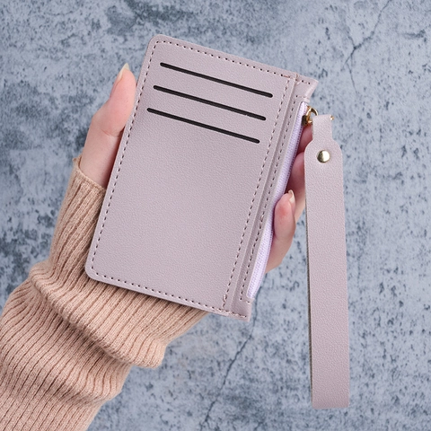 Porte Cartes Ultra Mince en Cuir PU Minimaliste pour Femmes Couleur Unie Porte Monnaie avec Fermeture Éclair et Dragonne Portefeuille Mince