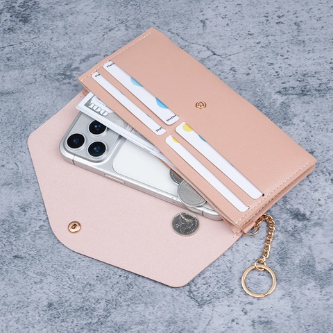 Portafoglio Lungo Da Donna In Pelle PU Motivo Lychee Porta Carte Pochette A Mano Con Bottone A Pressione E Portachiavi Design Minimalista