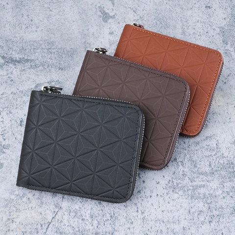 Herren Kurze Reißverschluss Geldbörse Geometrisch Dreieck Geprägt PU Leder Mehrere Kartenschlitze Business Retro