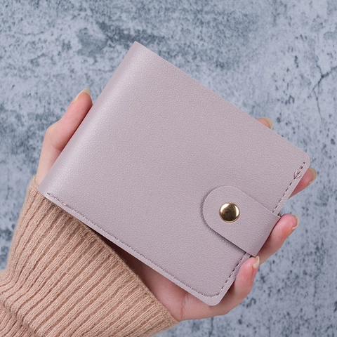 Women Minimalist PU Leather Small Wallet Bi-fold Short Card Holder With Metal Snap Button Solid Color Litchi Texture Coin Purse