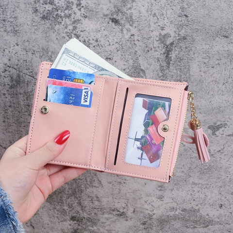 Cartera Corta de Patchwork para Mujer Cuero PU Plegado Doble Con Borla Bloque de Color Tarjetero y Bolsillo Monedas Estilo Coreano