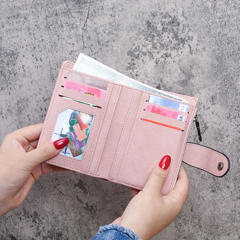 Women Short Wallet PU Leather Litchi Pattern Retro Rivet Bifold Purse With Zipper Pocket Card Slots Candy Color