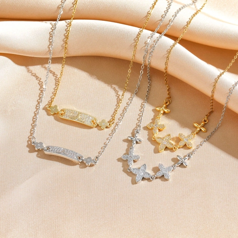 Elegant Zirconia Necklace Women Copper Shiny Four Leaf Clover Planet Pendant Gold Plated Luxury Clavicle Chain Minimalist Jewelry