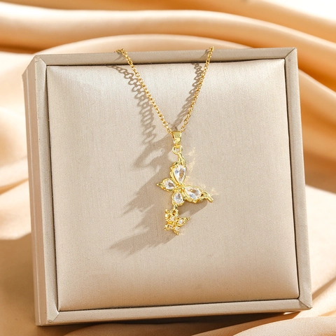 Dubbele Vlinder Hanger Ketting Voor Dames Titanium Stalen Ketting Met Zirkonia Koper Elegante Dagelijkse Sieraden