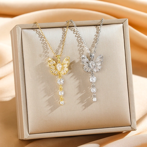 Butterfly Pendant Necklace Zircon Inlaid Gold Silver Plated Copper Elegant Tassel Dainty Chain Jewelry For Women
