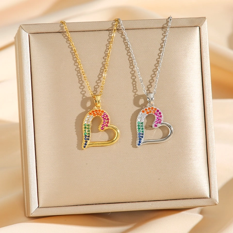 Collana Con Ciondolo A Cuore Acciaio Inossidabile Con Zirconi Arcobaleno Colorati Cavo Micro Pavé Gioielli Per Donna Moda