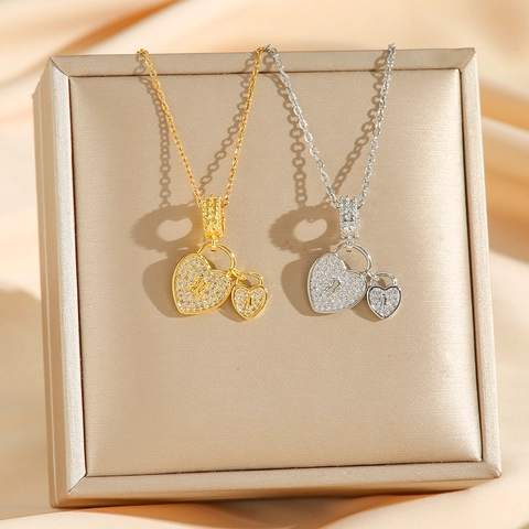 Double Heart Lock Pendant Necklace Stainless Steel Titanium Steel Full Rhinestone Zirconia Inlaid O-Chain Jewelry For Women
