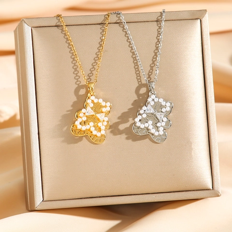 Collana Doppio Strato Ciondolo Orso Acciaio Al Titanio Con Zircone E Imitazione Perla Artificial Nodo Farfalla Cuore Chic Donna