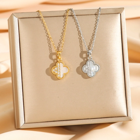 Four Leaf Clover Pendant Necklace Stainless Steel With Zirconia And Mother Of Artificial Pearl Elegant Jewelry Gift For Women
