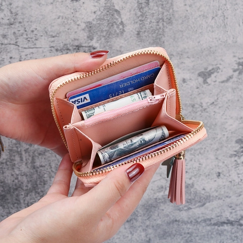 Women Mini Short Wallet PU Leather Zip Coin Purse With Tassel Star Charm Korean Style Student Ladies Small Card Holder Wallet