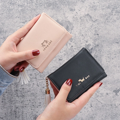 Portafoglio Corto Triplo Da Donna In Pelle PU Simpatico Motivo Animale Decorazione Nappa Porta Carte