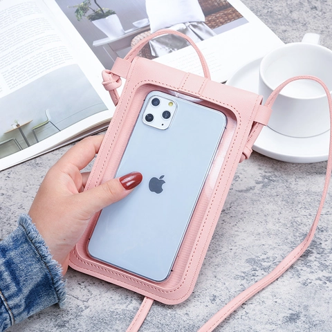 Bolso Bandolera Para Teléfono De Cuero PU Con Ventana Táctil Cierre De Metal Ranuras Para Tarjetas Mini Bolsa