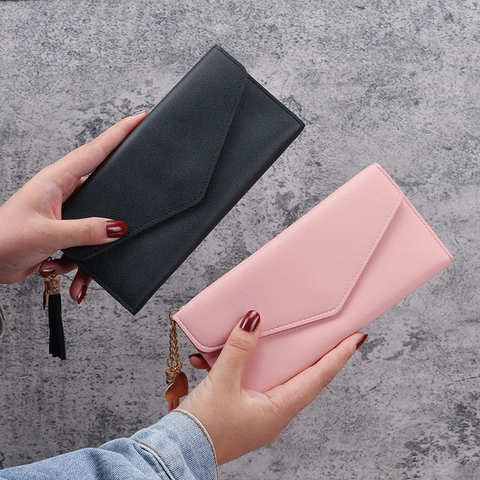 Fashion Women PU Leather Long Wallet With Tassel Heart Pendant Litchi Pattern Envelope Tri-Fold Multi-Functional Purse Clutch