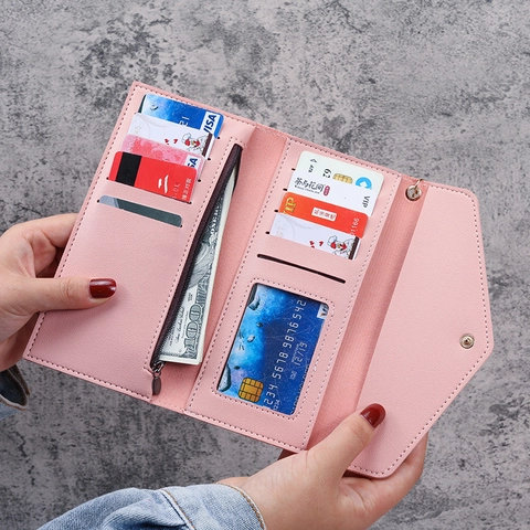 Fashion Women PU Leather Long Wallet With Tassel Heart Pendant Litchi Pattern Envelope Tri-Fold Multi-Functional Purse Clutch