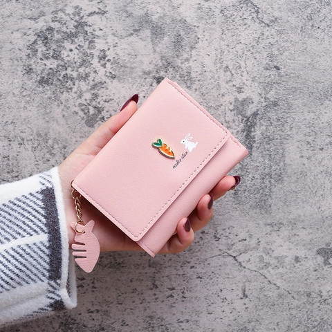 Women Small Folded Mini Wallet PU Leather Cute Rabbit Carrot Decor Short Purse With Card Slots ID Window And Fish Charm