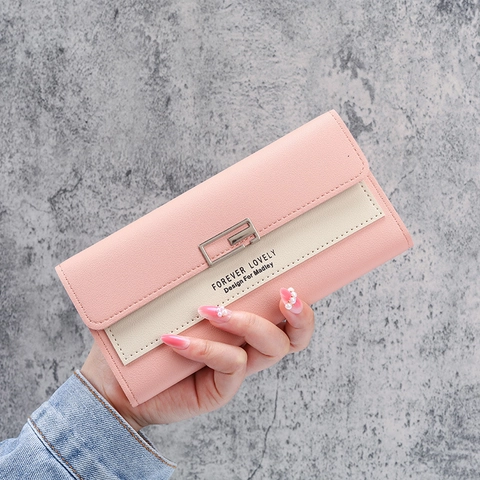 Women Long PU Leather Wallet Color Block Multi Fold Clutch Bag With Metal Buckle Multiple Card Slots Letter Print Purse