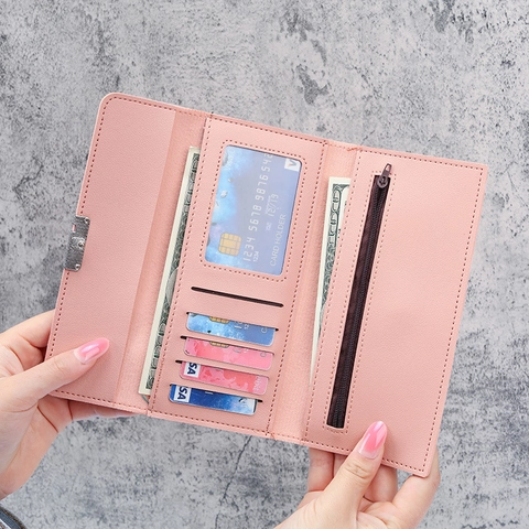 Women Long PU Leather Wallet Color Block Multi Fold Clutch Bag With Metal Buckle Multiple Card Slots Letter Print Purse