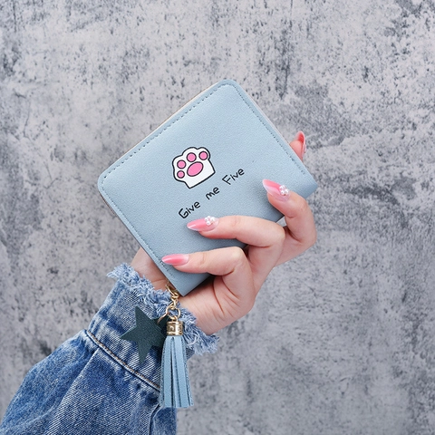 Portefeuille Court En Cuir PU Pour Femme Avec Imprimé Patte De Chat Mignon Et Lettrage Pochette Zippée Avec Gland Étoile