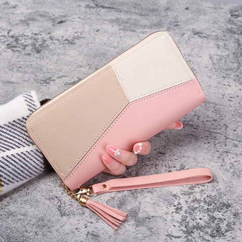 Damen Lang Portemonnaie PU Leder Farblock Reißverschluss Handschlaufe Quaste Große Kapazität Handy Kupplung