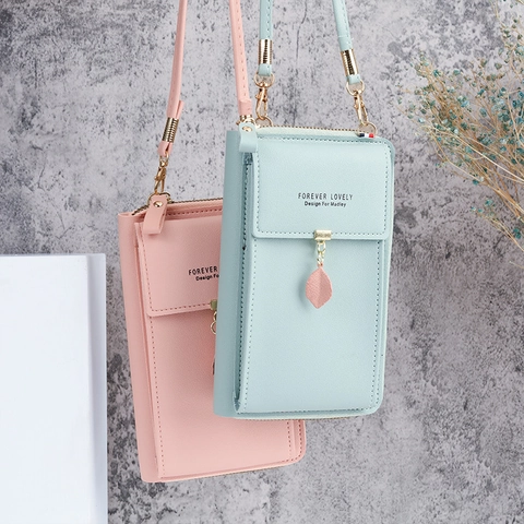 Borsa per Cellulare da Donna in Pelle PU Multifunzionale Portafoglio Con Pendaglio a Foglia Tracolla Regolabile Borsa a Tracolla Verticale alla Moda