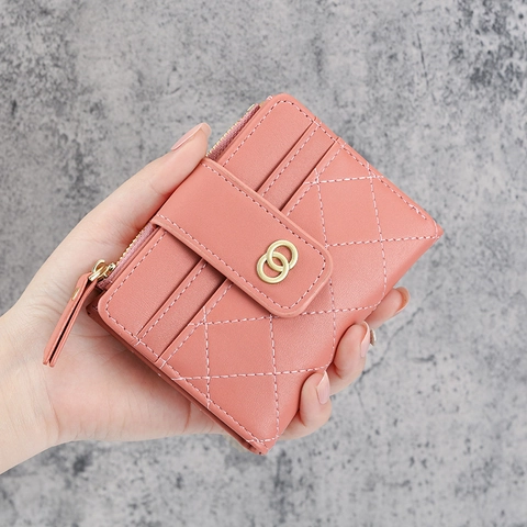 Petit Portefeuille Femme Cuir PU Motif Matelassé Boucle Double Anneau Doré Poche Monnaie Fermeture Éclair Porte Cartes
