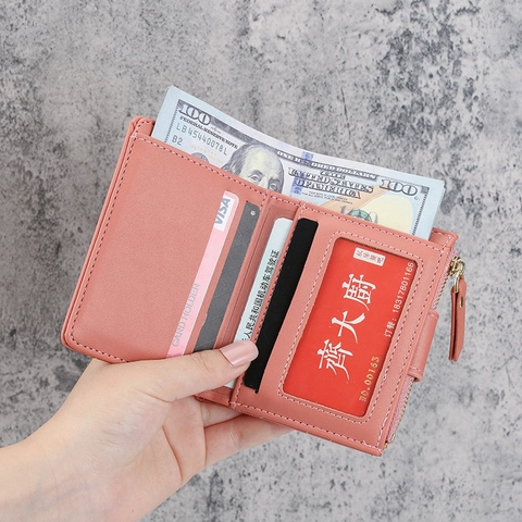 Petit Portefeuille Femme Cuir PU Motif Matelassé Boucle Double Anneau Doré Poche Monnaie Fermeture Éclair Porte Cartes