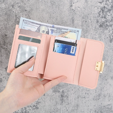Women Short Trifold Wallet PU Leather Color Block Mini Purse With Gold Square Buckle Multi Card Slots Fashion Small Coin Bag