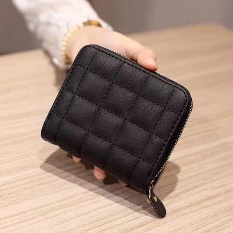 Women Mini Quilted PU Leather Wallet Korean Style Small Square Bi-Fold Card Holder Coin Purse With Zipper Grid Pattern Minimalist