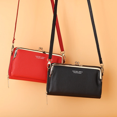 Borsa Tracolla Per Cellulare Da Donna Pelle PU Motivo Lychee Portafoglio Lungo Grande Capacità Tracolla Regolabile