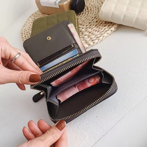 Quilted PU Leather Short Wallet With Zipper Closure For Women Mini Portable Coin Purse Cute Card Holder Student Bag
