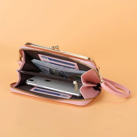 Borsa Tracolla Per Cellulare Da Donna Pelle PU Motivo Lychee Portafoglio Lungo Grande Capacità Tracolla Regolabile
