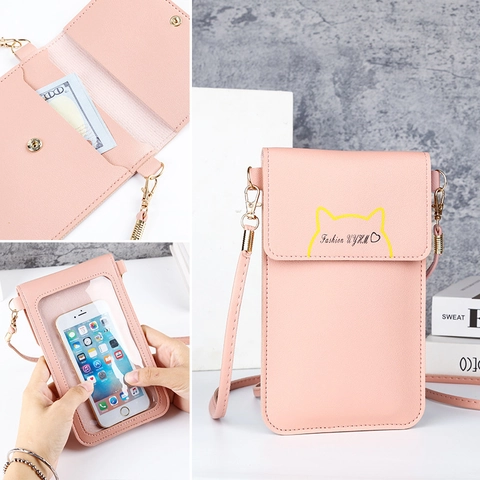 Damen PU Leder Handytasche Touchscreen Umhängetasche Katzenohr Druck Mini Flip Geldbörse Schultertasche Mit Langem Riemen