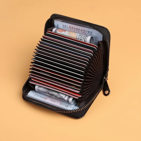 Porta Carte A Fisarmonica Organizzatore Pelle PU Trama Litchi Blocco RFID Multi Slot Portafoglio Con Zip Uomo Donna