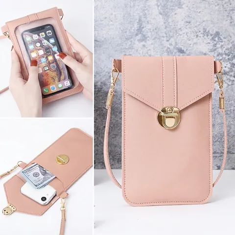 Damen PU Leder Umhängetasche Für Mobiltelefone Mit Touchscreen Fenster Rundem Metallschloss Kleine Schultertasche Geldbörse