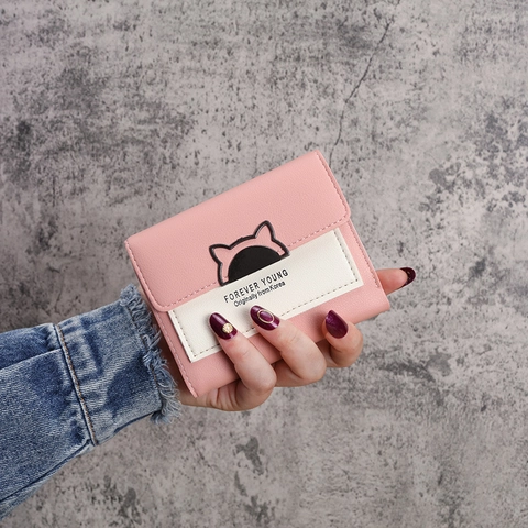 Cartera Corta de Tres Pliegues para Mujer con Decoración de Oreja de Gato Cuero PU Bloque de Color Tarjetero Monedero Estilo Coreano Mini Clip de Dinero de Moda