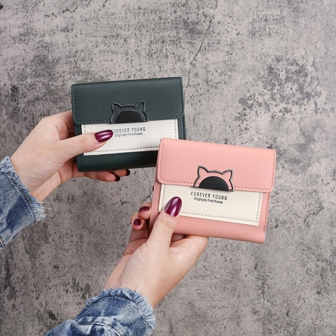 Cartera Corta de Tres Pliegues para Mujer con Decoración de Oreja de Gato Cuero PU Bloque de Color Tarjetero Monedero Estilo Coreano Mini Clip de Dinero de Moda