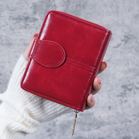 Damen Geldbörse Kurz Vintage Öl Wachs PU Leder Faltbar Kartenhalter Mit Reißverschluss Schnalle Retro Kleingeldfach