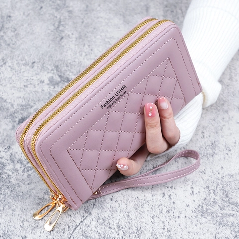 Portefeuille Long pour Femme en Cuir PU Matelassé Avec Double Fermeture Éclair Grande Capacité Pochette Téléphone Avec Dragonne