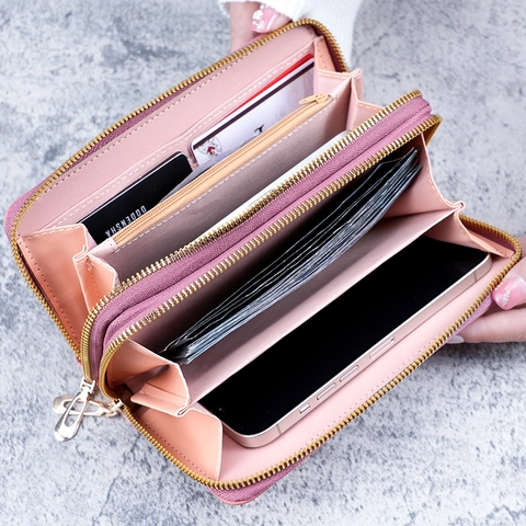 Portefeuille Long pour Femme en Cuir PU Matelassé Avec Double Fermeture Éclair Grande Capacité Pochette Téléphone Avec Dragonne