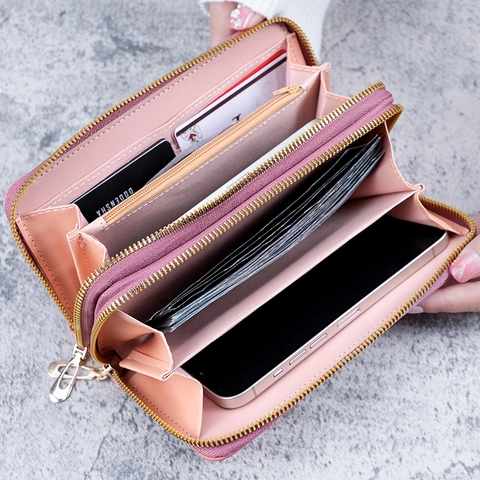 Portefeuille Femme en Cuir PU Matelassé à Losanges Double Fermeture Éclair Grande Capacité Pochette Avec Dragonne Vintage